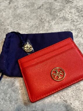 Tory Burch Red Leather Card Holder with Gold Logo NWOT
